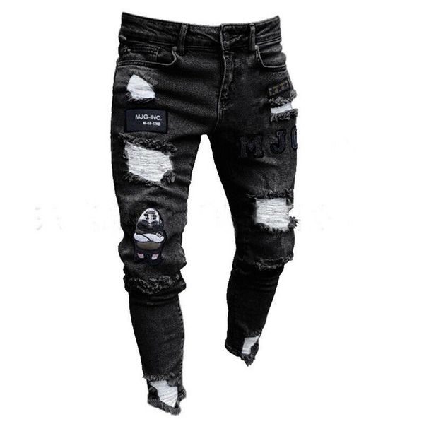 

men's jeans fashion ripped skinny destroyed frayed slim fit denim trousers pants, Blue