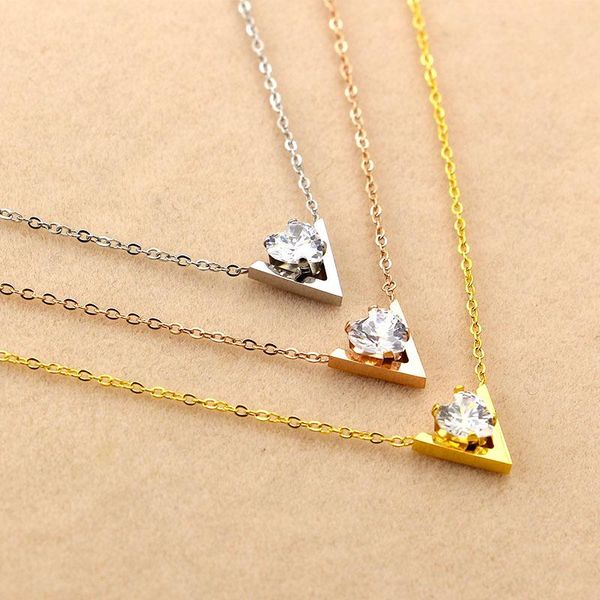 

pendant necklaces fashion stainless steel rose gold color love heart crystal v letter necklace women gift, Silver