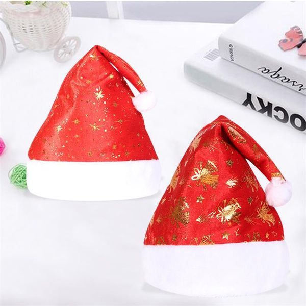 

1 pcs christmas hat gold print santa hat thicker golden bell snowflakes stars christmas cap new year gifts decorations1