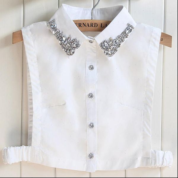 

2021 cotton fake shirt women handmade bead winter shredded female half saving detachable imitation diamond crystal, White