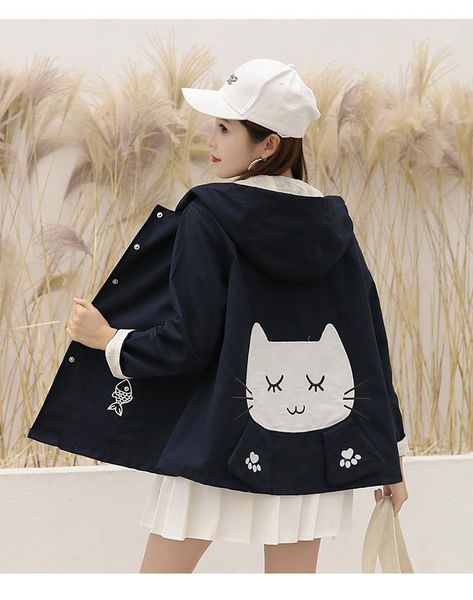

cat printed up clothes 2019 fall cotton teenagers coat preppy style loose workwear hooded outerwear size f6071, Black;brown