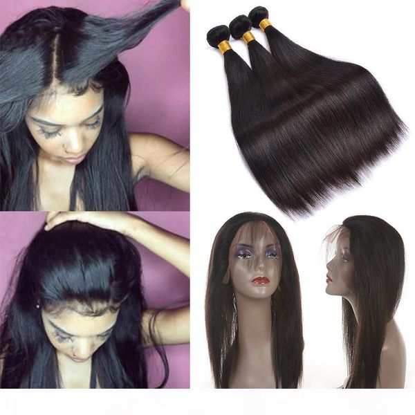 

360 full lace frontal closure with 3 bundles brazilian virgin hair weaves straight 8a peruvian indian malaysian remy human hair, Black;brown