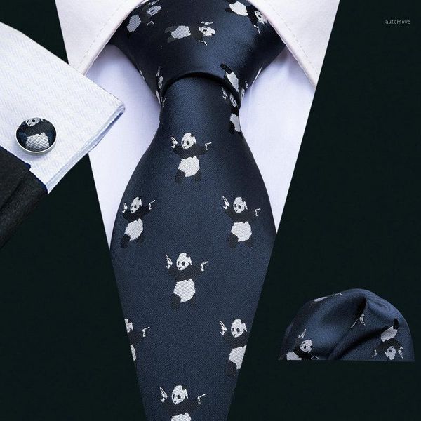 

ls-5062 panda pattern mens ties 100% silk jacquard woven barry.wang silk ties for men business party groom wedding necktie set1, Black;gray