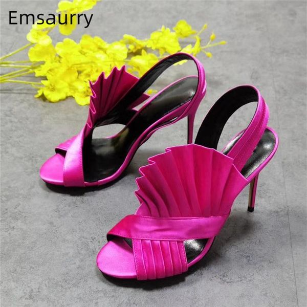 

satin ruffles sandals for girls women 10cm thin high heels side fretwork open toe pleated party shoes summer sandalias, Black