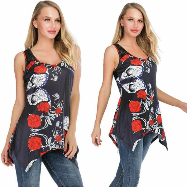

hirigin new fashion sleeveless floral print lace back irregular women's cusual t-shirt, White