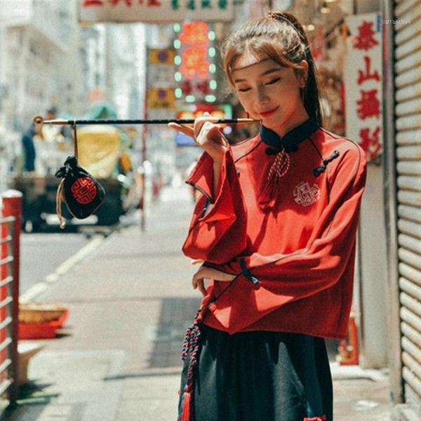 

japanese kimono style red blouse and black pants button tassel long sleeve shirt yukata streetwear casual leisure clothing women1