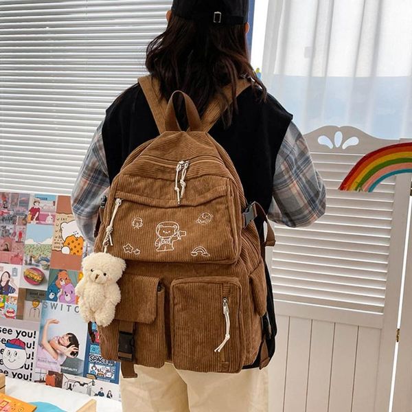 

backpack style cartoon embroidery corduroy retro solid color casual daypack a69c