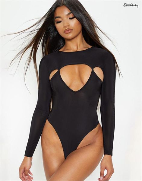 

women's jumpsuits & rompers hollow out leotard women long sleeve bodysuit o neck jumpsuit skinny bodycon romper clubwear, Black;white