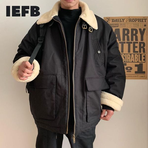 

iefb /men's wear thickened loose cotton-padded jacket faux lamb wool male's korean style oversized cotton clothes male 9y3592, Black