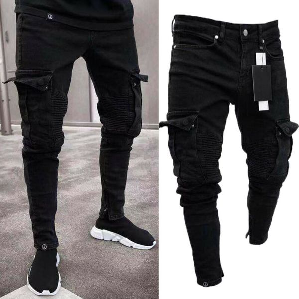 

men biker ripped long denim trousers skinny jeans pants destroyed stretchy-black pants, Blue