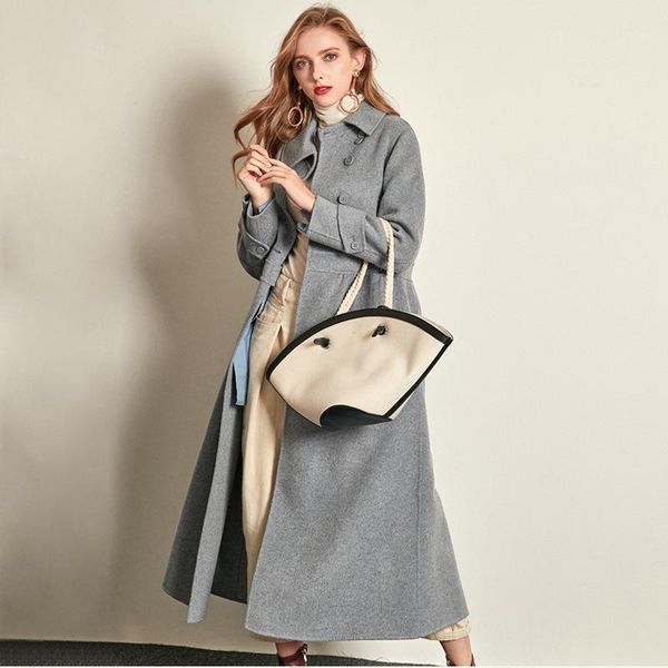 

women s winter coat grey blue double sided wool cashmere outwear 2020 autumn plus size ladies fashion overcoats long, Black