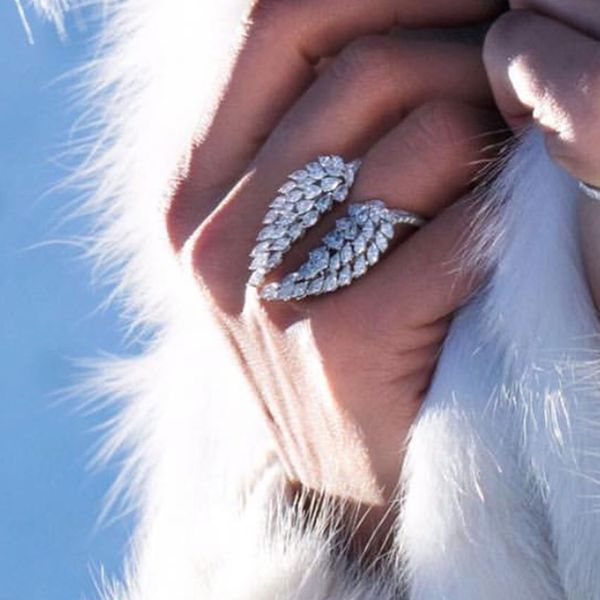 

diamond eternity wing wedding feather adjustable ring sparkling vintage fashion jewelry 925 sterling silver full marquise cut white z, Slivery;golden