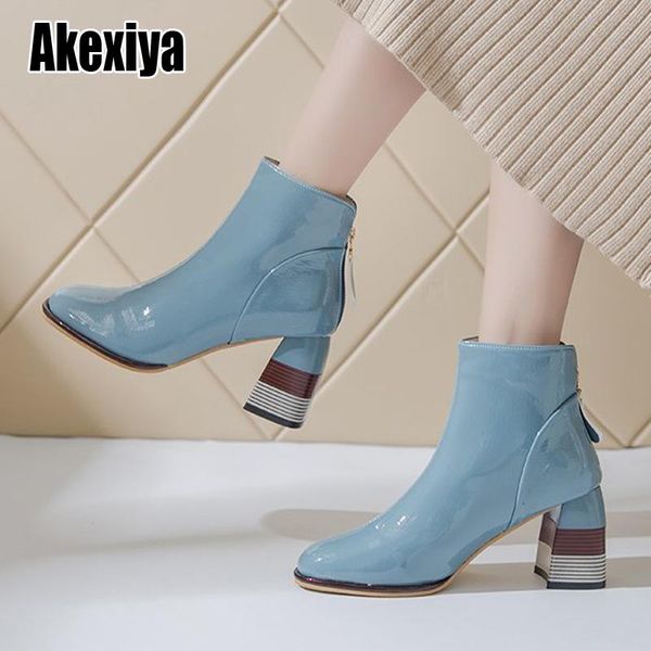 

boots women fashion ankle 2021 winter style ladies round toe high heels back zipper patent leather booties lady p486, Black