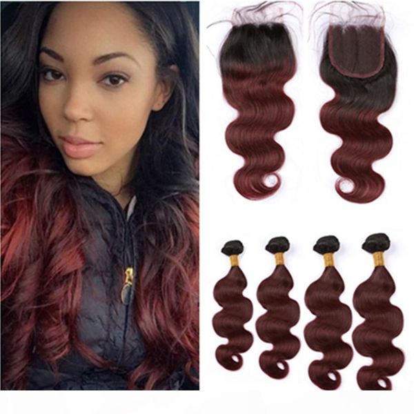 

#1b 99j wine red ombre human hair 4bundles and closure wine red mbre body wave brazilian human hair weaves with ombre burgundy closure, Black