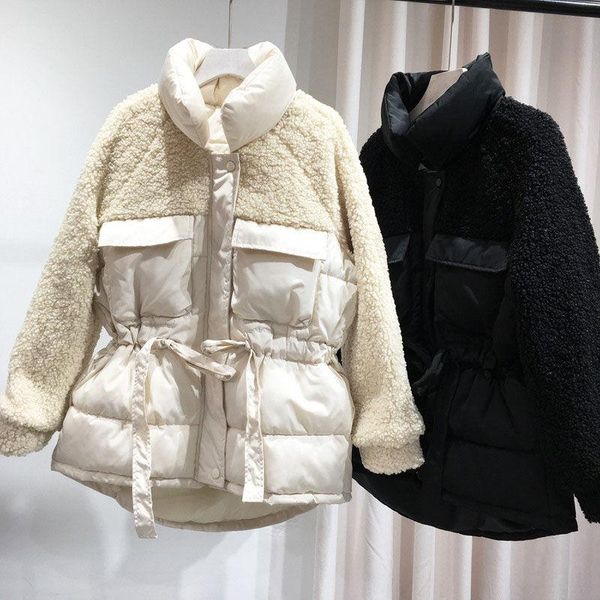 

autumn winter women solid stand collar parkas coat splicing lamb wool jacket lady oversize cotton padded fashion puffer jackets, Black