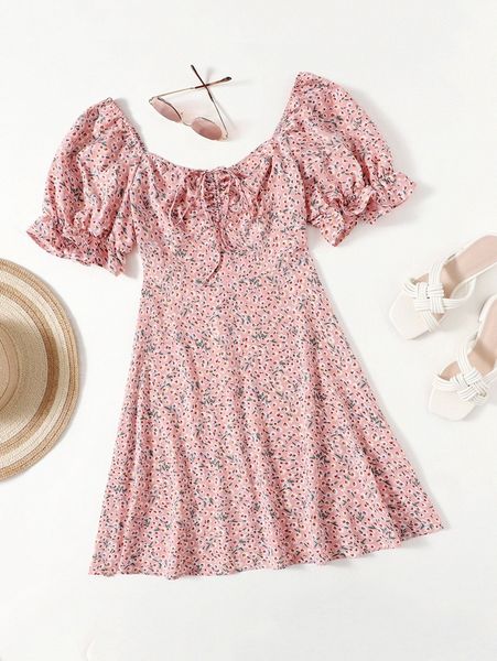 

plus drawstring knot ruched front ditsy floral milkmaid dress o5vb#, Black