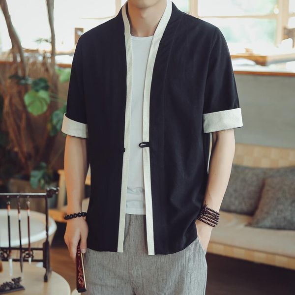 

#4333 summer short sleeve shirt men cotton linen solid color kimono shirt male cardigan chinese style plus size casual vintage, White;black
