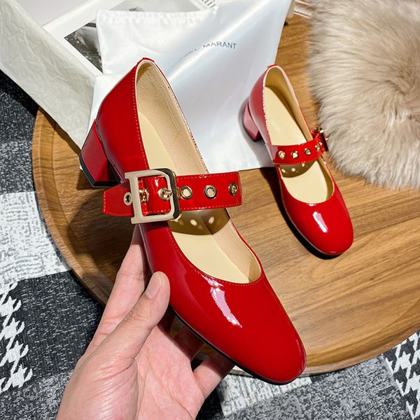 

2020 toe fivela sweet round foot woman leather pumps women square down ladies mary janes red shoes uguj, Black