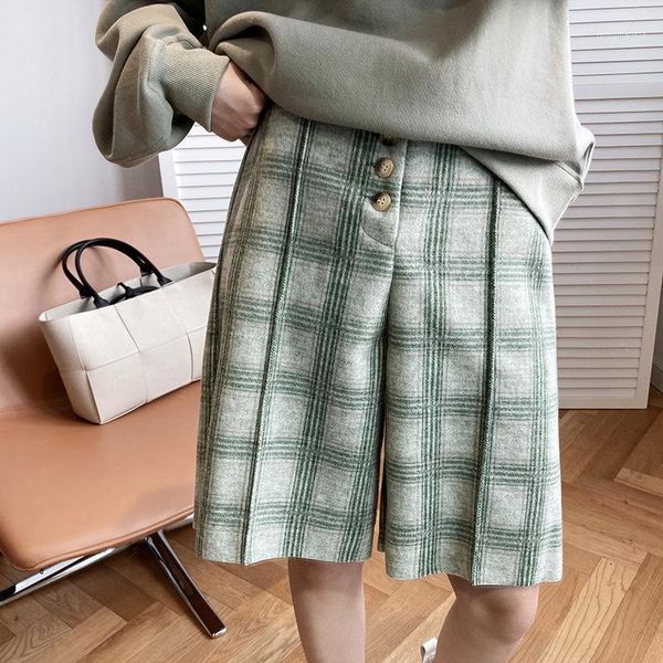 

yeeloca autumn winter woolen plaid shorts female casual high waist wide leg straight trousers korean loose woolen plaid shorts1, White;black