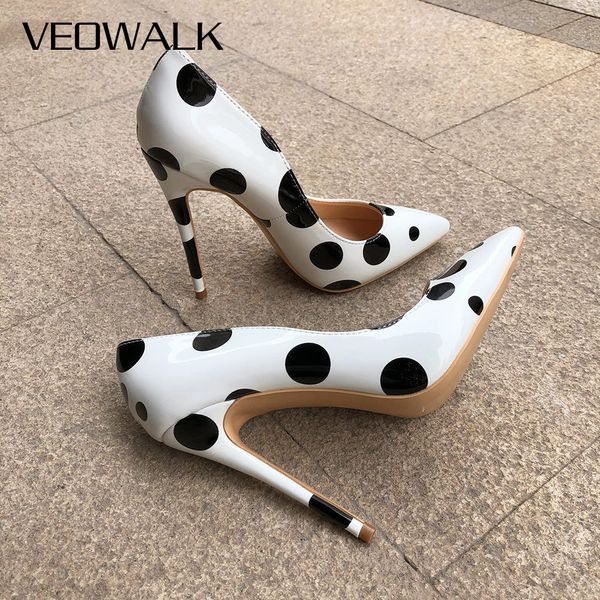 

veowalk poka dot print women cute stiletto high heels office elegant ladies slip on pointed toe pumps young girls shoes white lj201112, Black
