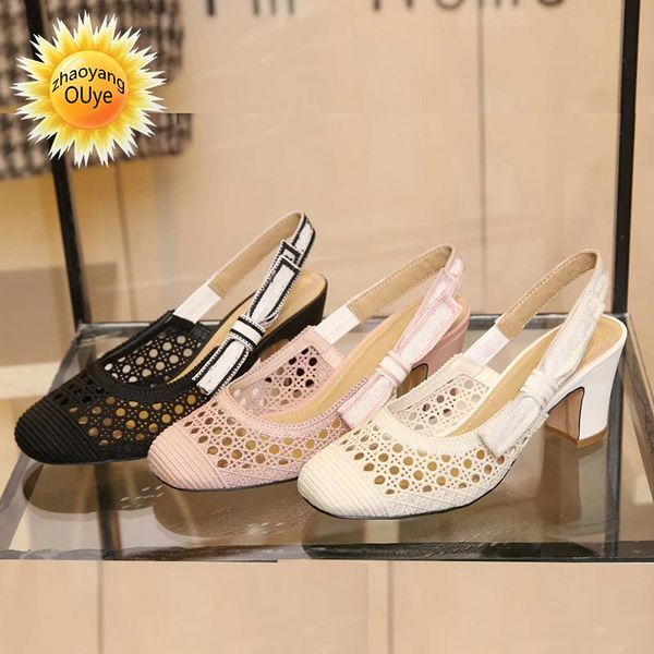 

sandals french 2021 hollow mesh women's luxury letter slippers bow decoration embroidery high heeled shoes, Black