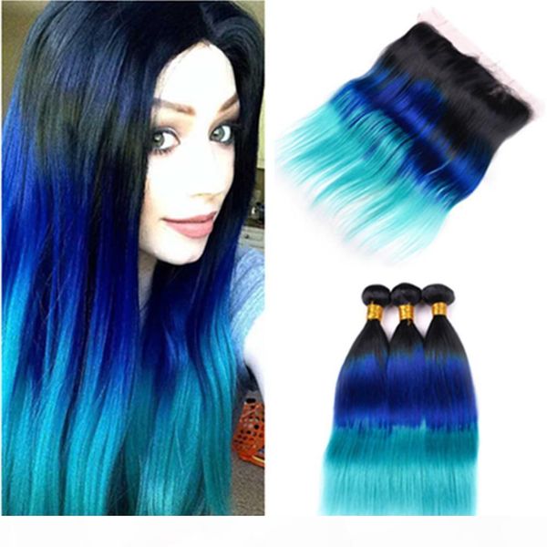 

#1b blue teal ombre straight bundles and frontal black roots blue teal 3tone ombre brazilian hair lace frontal closure 13x4 with weaves, Black;brown