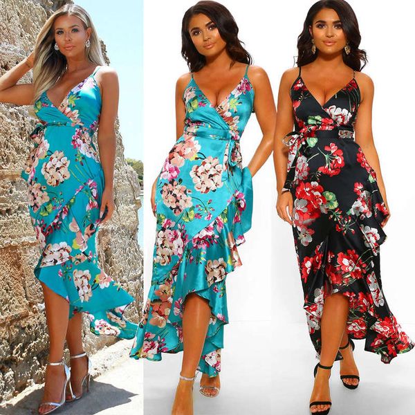 

summer 2020 v-neck print ruffle women's sling dress o202lqc021, Black;gray
