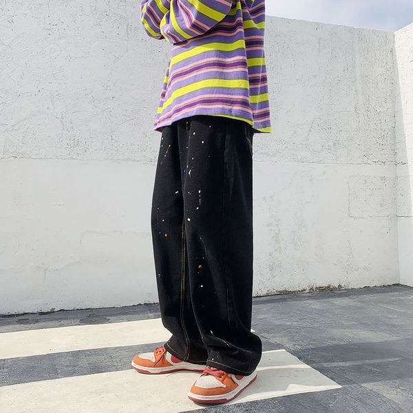 

2021 new men's straight casual korean collage hip hop denim pants streetwear graphic printed jeans man clothing m0w8, Blue