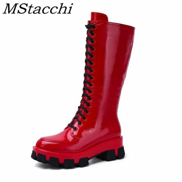 

mstacchi novelty knee-length boots women microfiber round toe lace-up plush zipper-side boots thick bottom botas feminina punk, Black