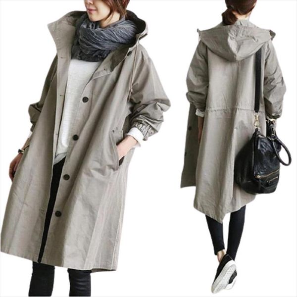 

new casual women windbreaker fashion fall winter mid length hooded windbreaker vintage single breasted pocket red overcoat, Tan;black
