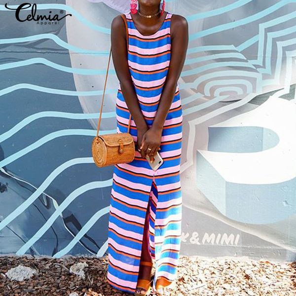 

2021 summer sleeveless sundress celmia women striped long dress female o neck casual loose split beach vestidos robe plus size, Black;gray