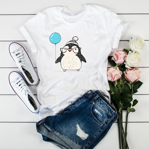 

women lady t shirt penguin cute printed tshirt ladies short sleeve loose tee shirt women female clothes graphic t-shirt, White