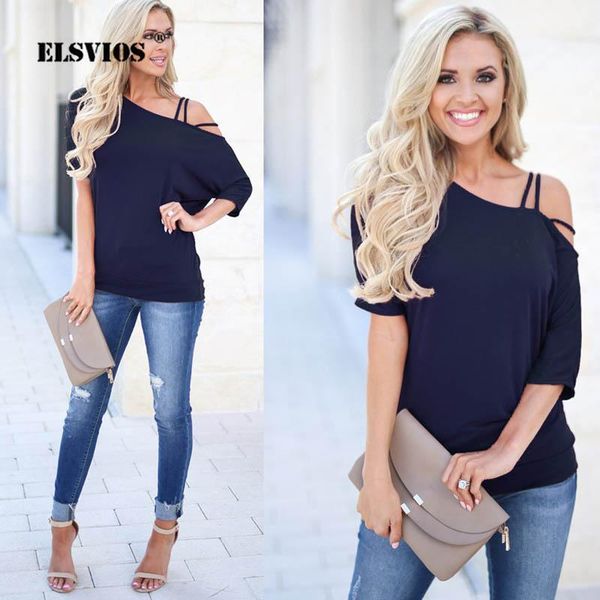 

elsvios plus size off shoulder spaghetti strap blouse women's summer casual solid half sleeve blusa female pullover 1, White