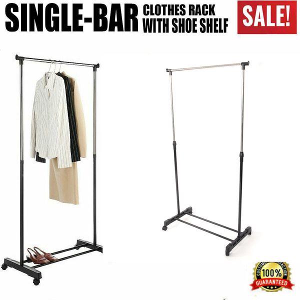 

portable rolling closet organizer storage rack clothes hanger garment shelf rack single-bar vertical horizontal stretching stand