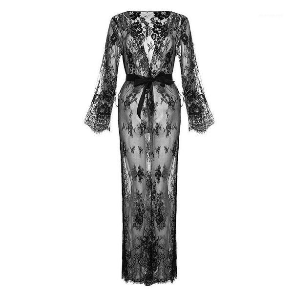 

new long robes for women lace dressing nightwear bathrobe fashion robe sleepwear underwear lingerie with satin silk belt1, Black;red
