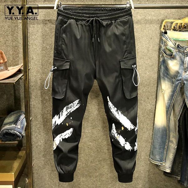 

mens fashion black cargo pants high street loose print korean style pencil trousers ankle length pants male casual sweatpants