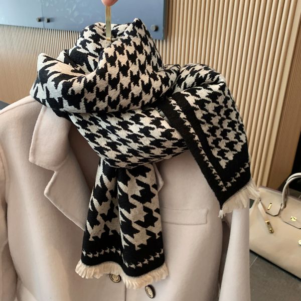 

scarf women's winter versatile thickened warm collar neck black thousand bird grid color matching plaid scarf shawl for autumn and wint, Blue;gray