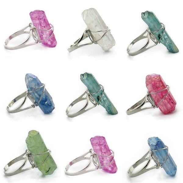 

wire wrapping raw stone plated rings druzy healing crystal quartz healing point chakra stones charms opening ring for women men, Golden;silver