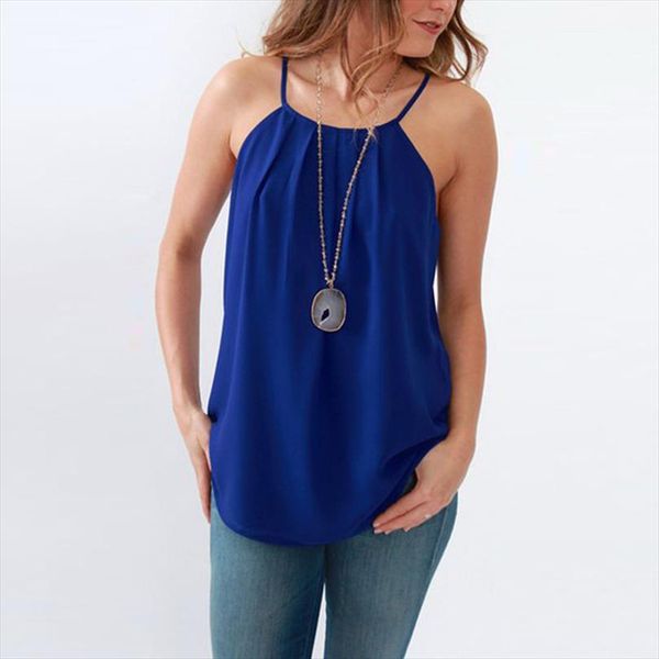 

2021 summer spaghetti strap sleeveless pleated chiffon women blouse streetwear blue ladies tees fashion casual loose shirts, White