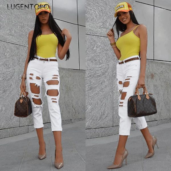 

women's jeans lugentolo women's fashion all-match summer ripped hole casual solid high waist street simple sexy1, Blue