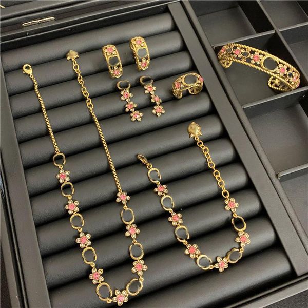 

vintage crystal necklace sets flowers letters jewelry sets diamond bracelet women rings necklace charm earring studs set, Black