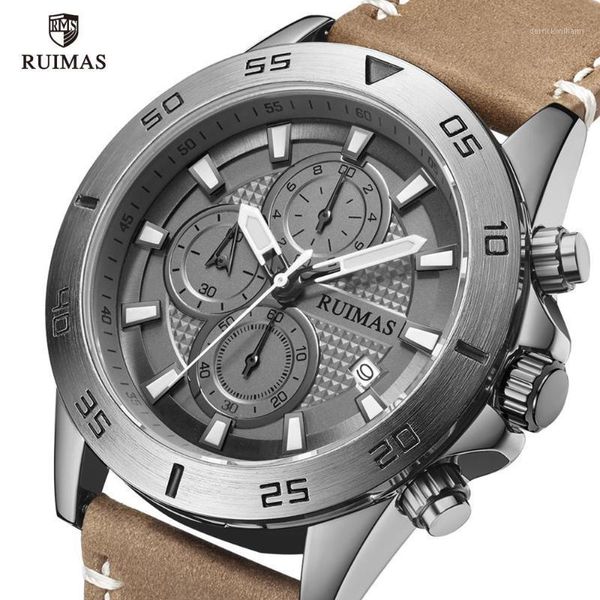 

wristwatches ruimas fashion quartz watches men brand chronograph watch man leather army sports wristwatch relogios masculino1, Slivery;brown