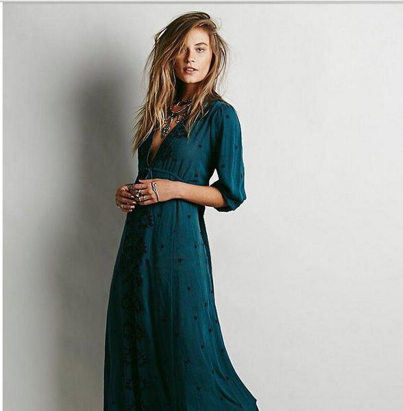 

new fashion design vestidos women vintage ethnic flower embroidered cotton tunic casual long dress hippie boho people asymmetric1, Black;gray