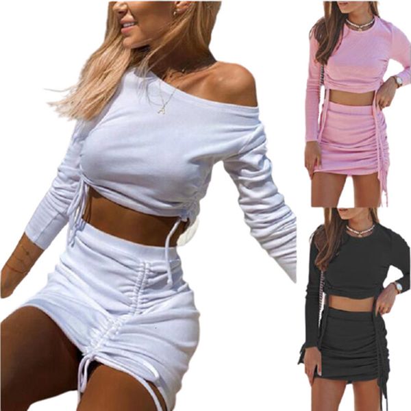 

2020 women's ladies autumn round neck thin slim long-sleeved + drawstring skirt two-piece suit female, White;black
