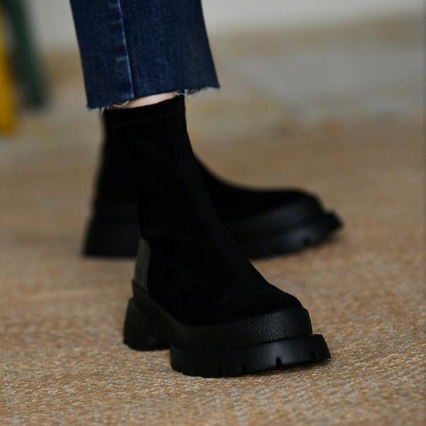 

женщины замшевые ланды женские конусные каблуки платформа обувь женская мода скольжение на случайные сапоги женщина швейная обувь новая зима, Black