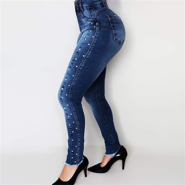 

high waist jeans woman embroidered flares ladies skinny denim trousers retro women ripped jeans pencil pants jean femme d25 201223, Blue