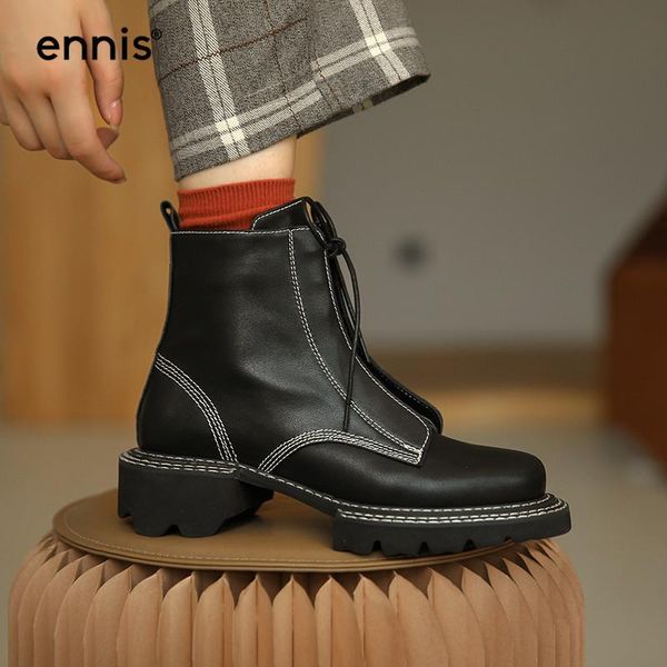 

ennis black ankle boots woman genuine leather boots platform ladies autumn winter flats zip designer big size shoes a0131