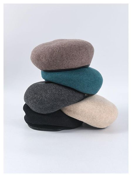 

berets women's rich round crown wool blends beret hat female fall winter artist painter caps pu leather trimming, Blue;gray