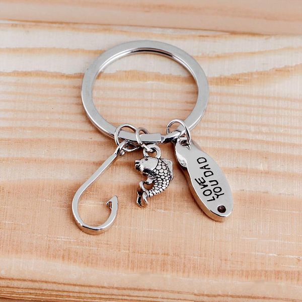 

fish fishing keychain father's day stamped gift hand & hook charms key chain personalized catch keyring gifts for d, Slivery;golden