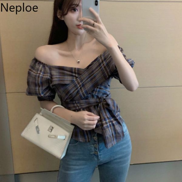 

neploe plaid slim waist women 2021 summer fashion v-neck short sleeve blusa french drawstring ladies blouse 44913 sh190803, White